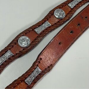 Vtg Western Concho Leather Belt Braided Trim Men 38 Brown Cowboy Rodeo Biker